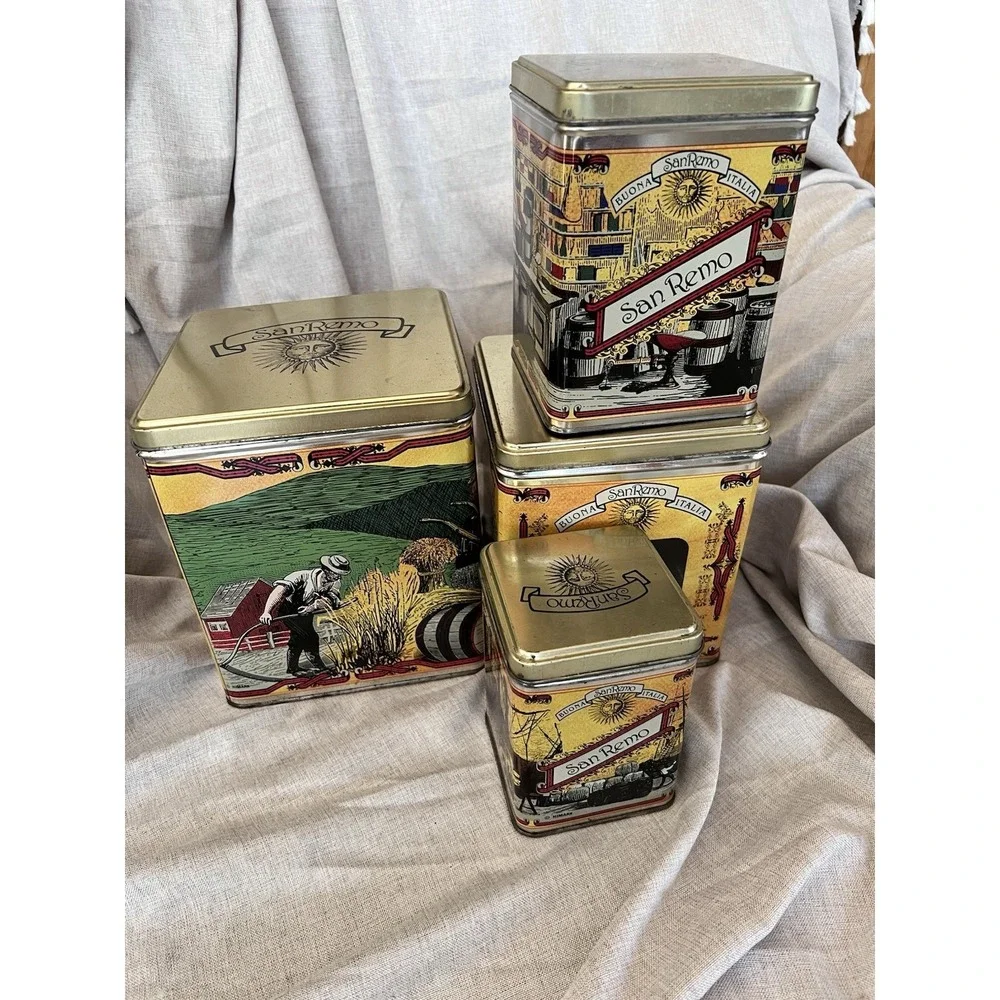 Set Vintage San Remo Tins Kitchen Canister Set with Plastic Window by Himark.